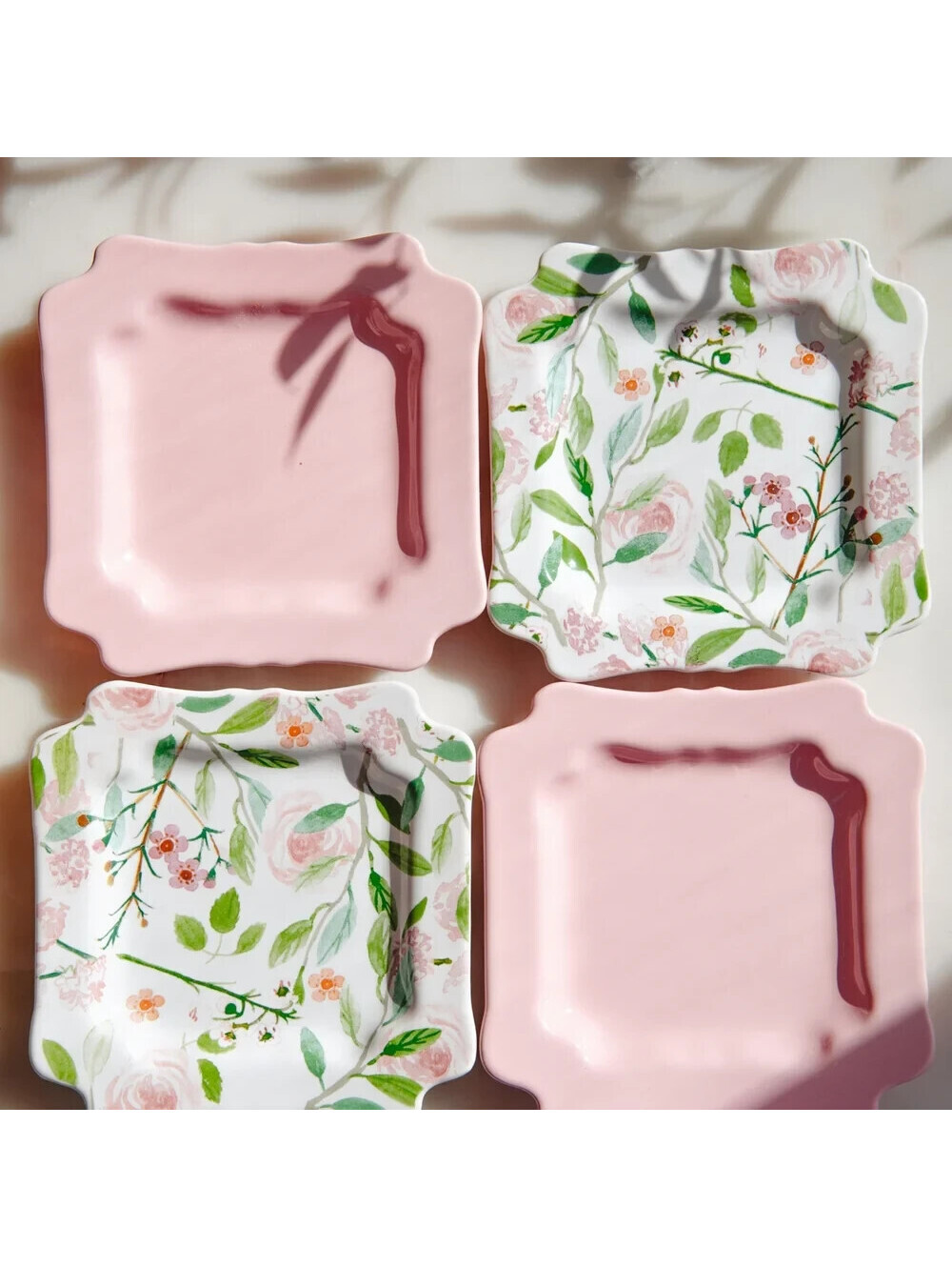 Sweet Laurel 6" Square Dessert Plates Pink Green Victorian Style Set of 4 NEW!